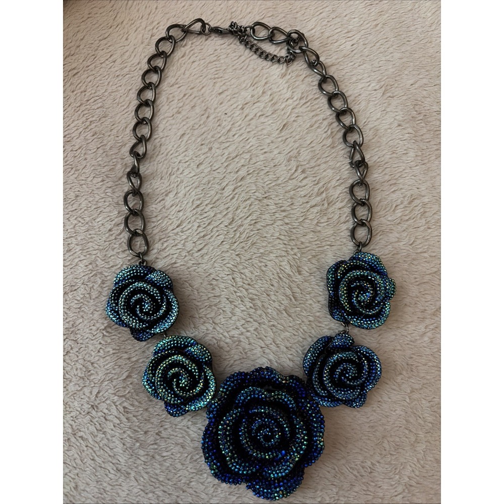 Blue Floral Plastic Flower Chunky Statement Necklace